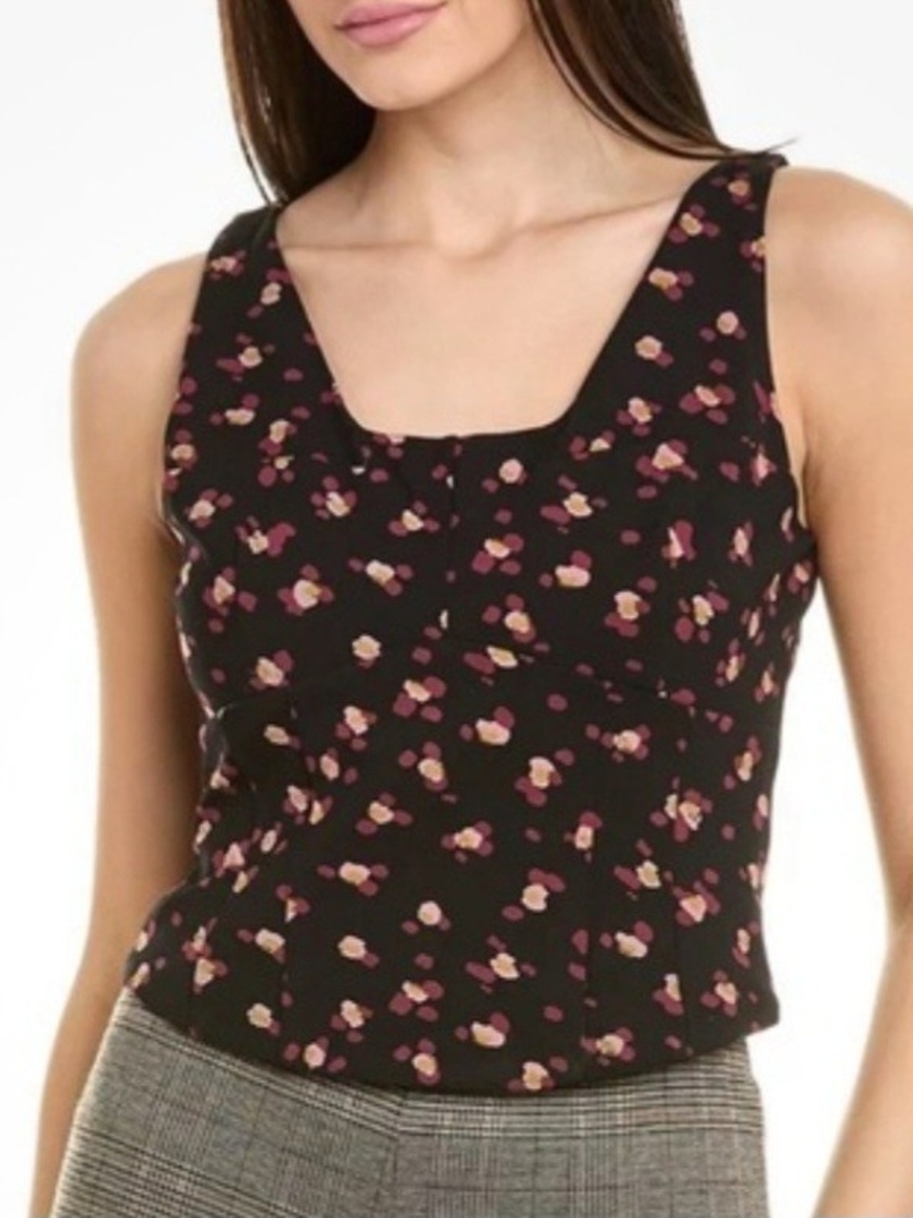 CAbi Black Floral Square-Neck Camisole with Pink and Cream Accents